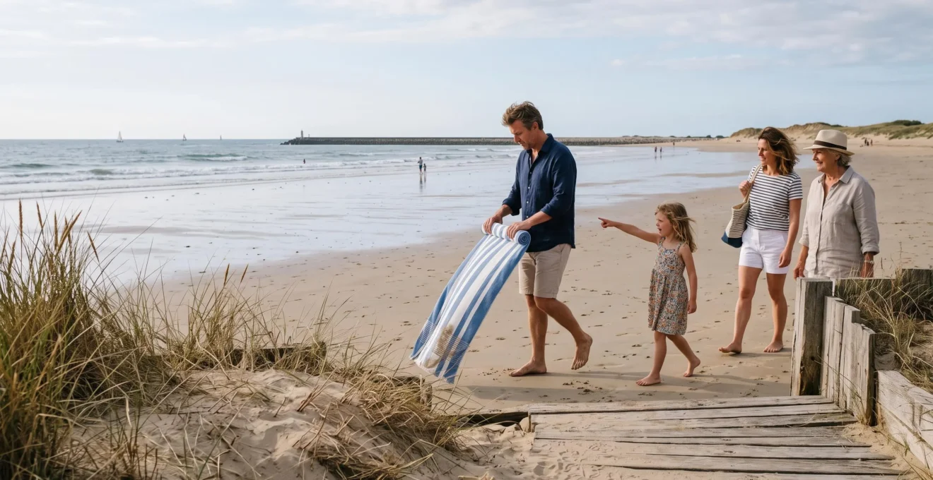 A family walks on a wide Île de Ré beach at low tide in soft afternoon light.