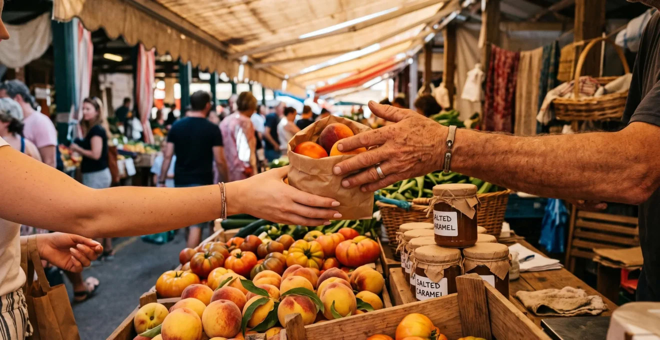 Hands exchanging fresh produce at a busy island market stall in daylight.