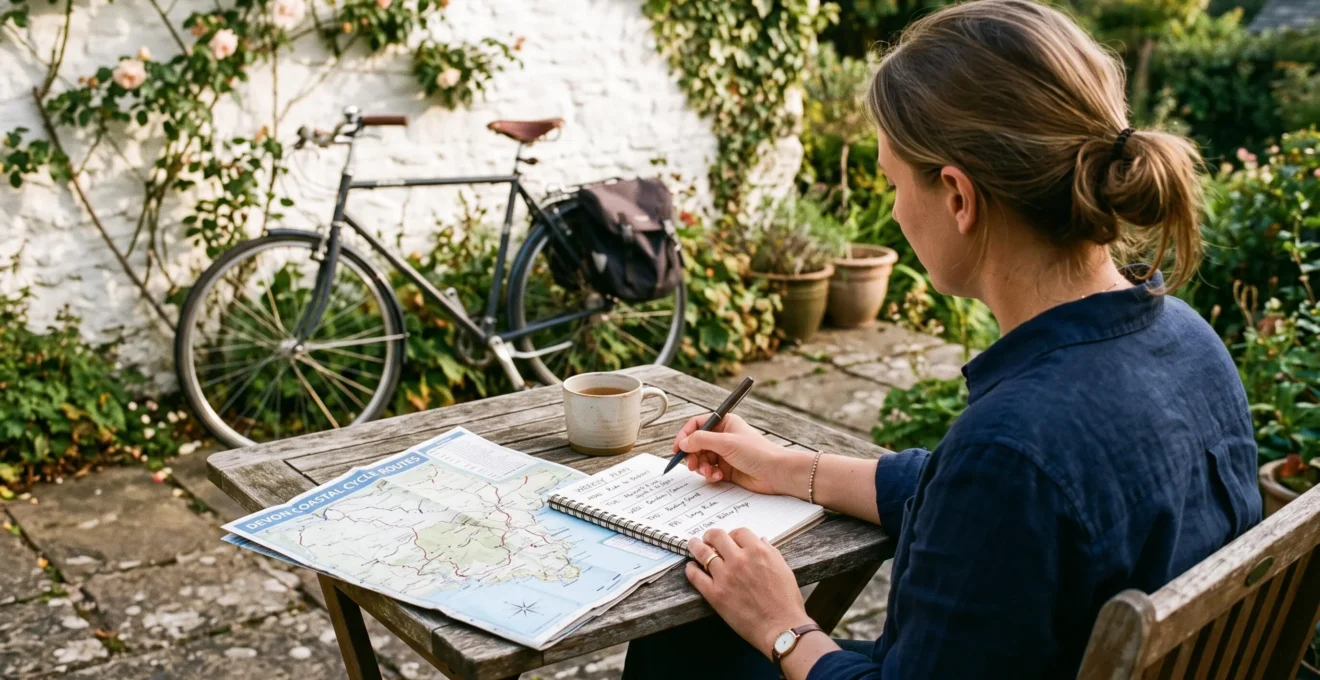 A woman plans her week at a garden table with a notepad and cycle map.